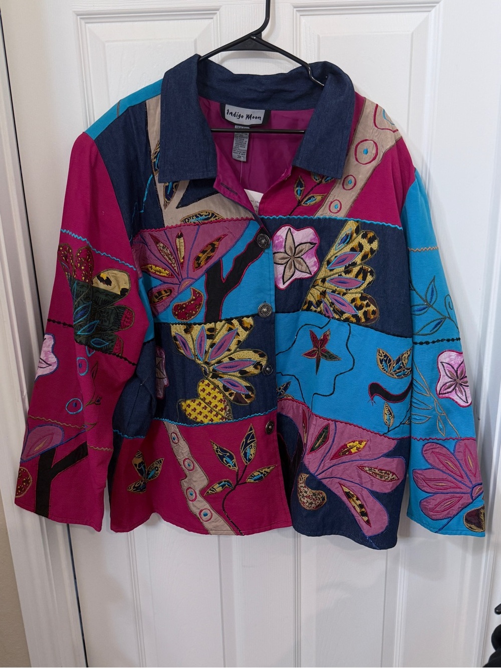 Indigo Moon Women's Patchwork Floral Blazer in Teal & Magenta